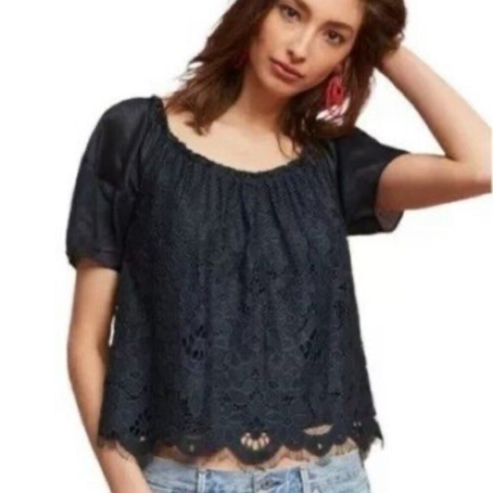 Moulinette Soeurs Anthropologie Messina‎ Blue Lace Short Sleeve Blouse Top S